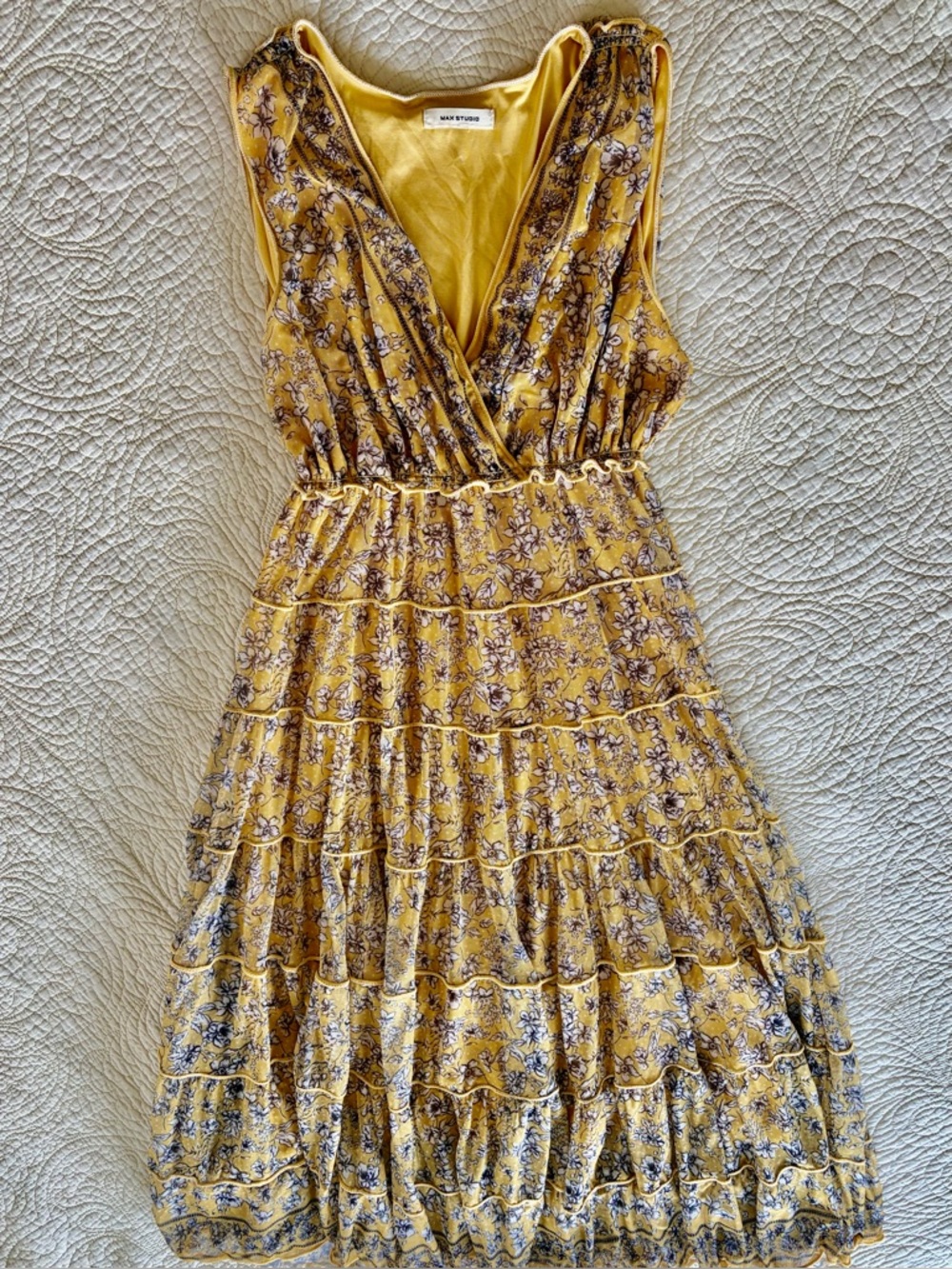 Max Studio Yellow Floral V-Neck Sleeveless Tiered Midi Dress